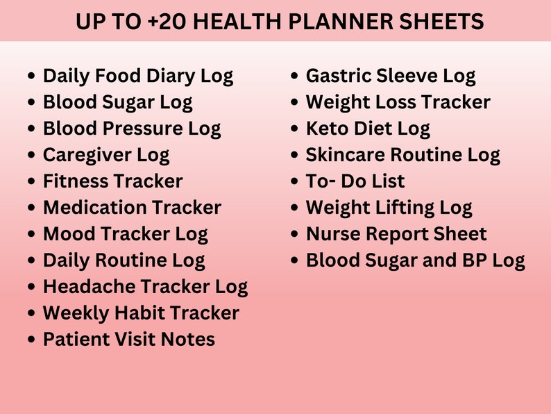 May include: A pink and white graphic with the text "UP TO +20 HEALTH PLANNER SHEETS" and a list of 20 health-related log and tracker sheets, including Daily Food Diary Log, Blood Sugar Log, Blood Pressure Log, Caregiver Log, Fitness Tracker, Medication Tracker, Mood Tracker Log, Daily Routine Log, Headache Tracker Log, Weekly Habit Tracker, Patient Visit Notes, Gastric Sleeve Log, Weight Loss Tracker, Keto Diet Log, Skincare Routine Log, To-Do List, Weight Lifting Log, Nurse Report Sheet, and Blood Sugar and BP Log.