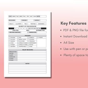 May include: A black and white printable headache tracker with sections for recording the date, time, severity of headache, triggers, and relief measures. The tracker is designed for use with a pen or pencil and includes a notes section.