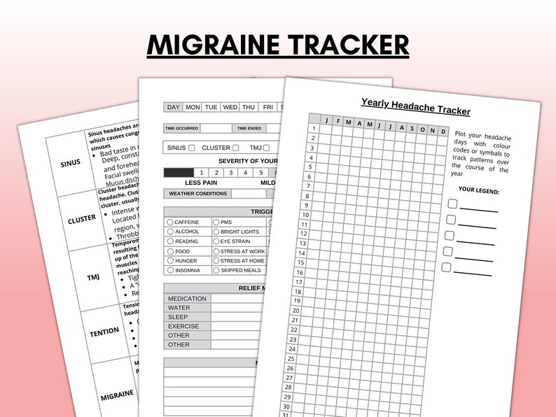 May include: A black and white printable migraine tracker with sections for tracking headache symptoms, triggers, and relief methods. The tracker includes a yearly headache calendar with a legend for recording headache patterns.