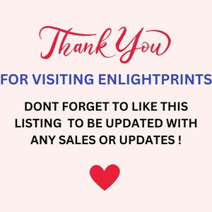 May include: A pink background with a red heart at the bottom. The text "Thank You" is in red cursive font. The text "FOR VISITING ENLIGHTPRINTS" is in blue. The text "DONT FORGET TO LIKE THIS LISTING TO BE UPDATED WITH ANY SALES OR UPDATES!" is in blue.