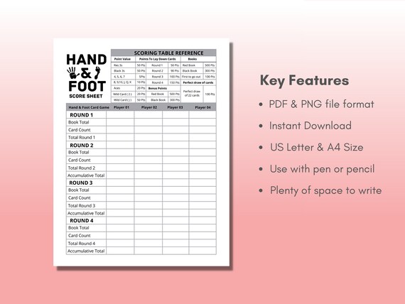 Hand And Foot Score Card Hand And Foot Scoresheet Hand And