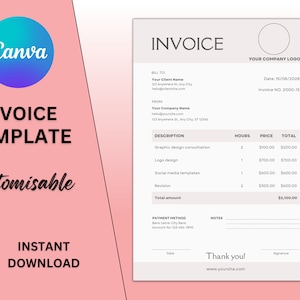 Invoice Template - Editable in Canva. Business Invoice, Editable Invoice, Custom Invoice,  Printable Invoice, Invoice Form.