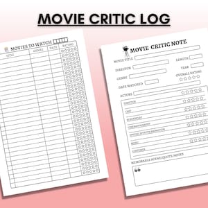 Movie Critic Log Printable, Movies To Watch List - Movie Tracker,  Movie Rating Journal, Film Review Template, Instant PDF Download, A4 Size