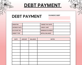 Pode incluir: Um rastreador de pagamento de dívidas imprimível com seções para informações do credor, data de pagamento alvo, limite de crédito, pagamento mínimo, saldo inicial, data, valor, saldo e notas.