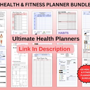 May include: A collage of printable health and fitness planner pages. The pages include sections for tracking food, blood sugar, daily routine, habits, body measurements, skincare, and weight. The text "Ultimate Health Planners" and "Link In Description" are featured in the image.
