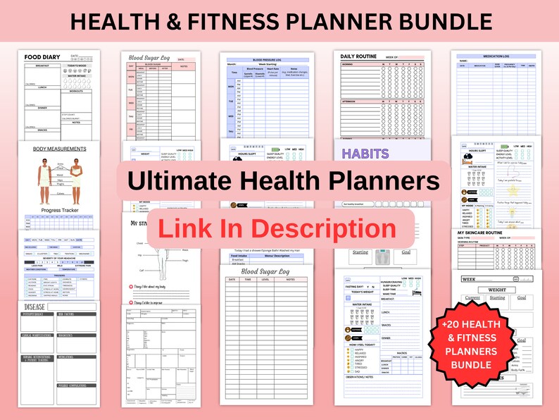 May include: A collage of printable health and fitness planner pages. The pages include sections for tracking food, blood sugar, daily routine, habits, body measurements, skincare, and weight. The text "Ultimate Health Planners" and "Link In Description" are featured in the image.
