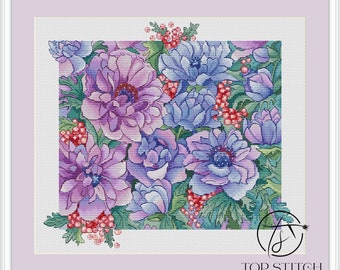 TopStitch Counted Cross Stitch Kit Modern Embroider Kit DIY Handmade Needlework Unprinted Canvas Wall Decor Needlepoint - Anemone Flowers