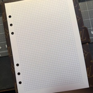 May include: A white sheet of grid paper with blue lines, bound in a brown leather planner with a repeating pattern. The planner has six holes on the left side and a flap on the right side.