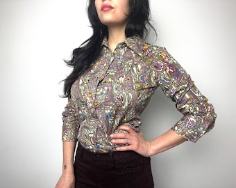 Vintage 1970s Funky Psychedelic Patterned Multicolor Polyester Women's Top - Size Medium