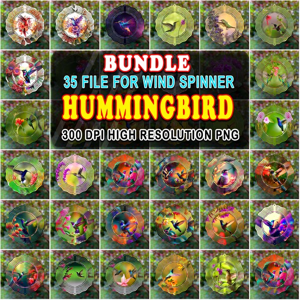 Bundle 35 file Wind Spinner for Hummingbird Sublimation Design Template, 10 inch Round Hanging Sublimation Designs Wind Spinner PNG