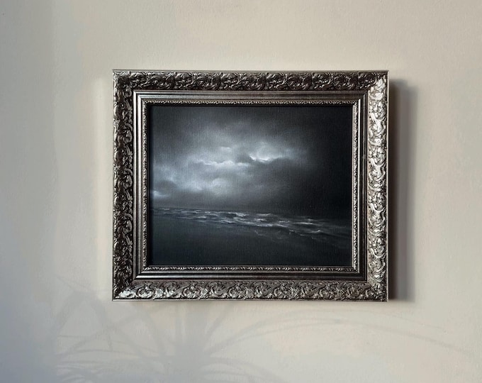 Gloomy Coastal Seaside Paint, Moody Art, Vintage Frame Oil Painting