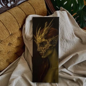 Handmade Gothic Forest Spirit Portrait, Baroque and Gothic Oil Painting, Dark Fantasy Artwork, Mystical Horned Mask Woman, Elf Woman Art