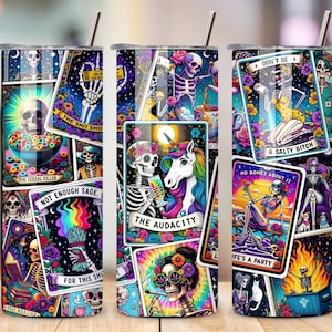 Sarcastische tarotkaarten omslag beker, 20oz magere beker omslag sublimatieontwerp, vloekend heksachtig skelet grappige beker, png PNGEgg