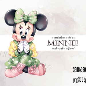 Retro Minnie Mouse watercolor clipart, digital illustration Minnie png, sublimation Minnie for POD, minnie mouse nursery printable art