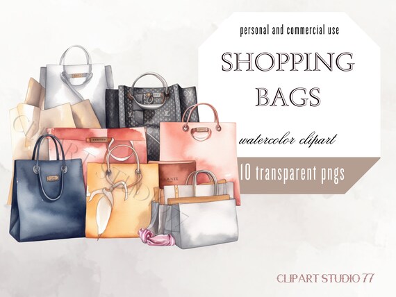 Watercolor Fashion Shopping Bag Clipart, Planner Stickers (PNG, Digital Download)