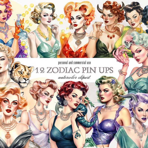 Zodiac Pin Up Girls clipart PNG bundle Zodiac Signs Astrological Clipart PNG Horoscope Clipart, Scrapbook Junk Journal Paper Crafts