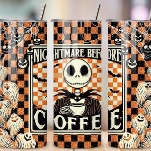 Nightmare before Coffee Glitter Tumbler Wrap PNG, 20oz Skinny Tumbler Straight Wrap Sublimation Designs, Skeleton Character jack halloween