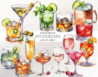 Watercolor Cocktails Clipart, Summer Drinks, Aperol Spritz, Mojito (PNG Digital Download)