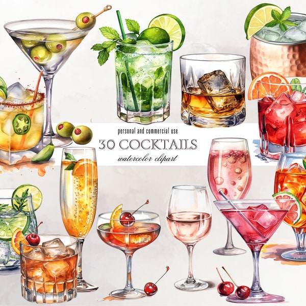 Watercolor Cocktails Clipart, Cocktail PNG, Summer Drinks PNG, Watercolor Clipart Bundle, Aperol Spritz, Mojito, Old Fashioned, mixed drinks