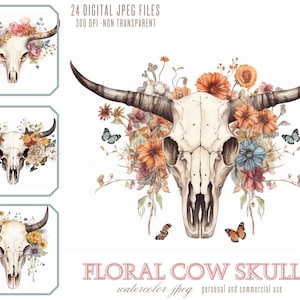Boho Floral Cow Skull Watercolor Clipart Bundle, Cowgirl Bull skull wild west Digital Illustration, JPG Files Printable Junk Journals POD