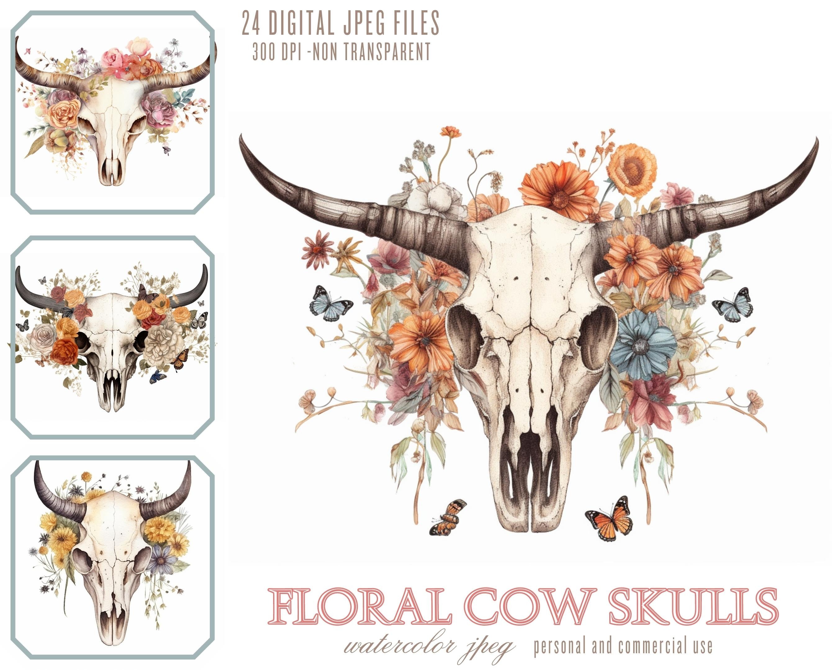 Boho Floral Cow Skull Watercolor Clipart Bundle Cowgirl Bull - Etsy