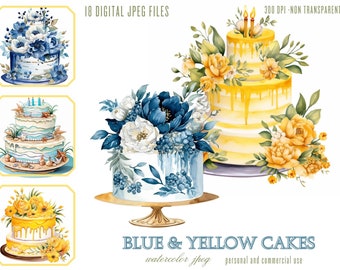 Watercolor Birthday Cake Clipart, JPG Files for Commercial Use, Baking Dessert Food Sweets digital Illustration blue and yellow cakes