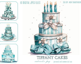 Tiffanys and Co Decorations Birthday Cake Clipart, Watercolor JPG Files for Commercial Use, Baking Dessert Food Sweets Illustration POD