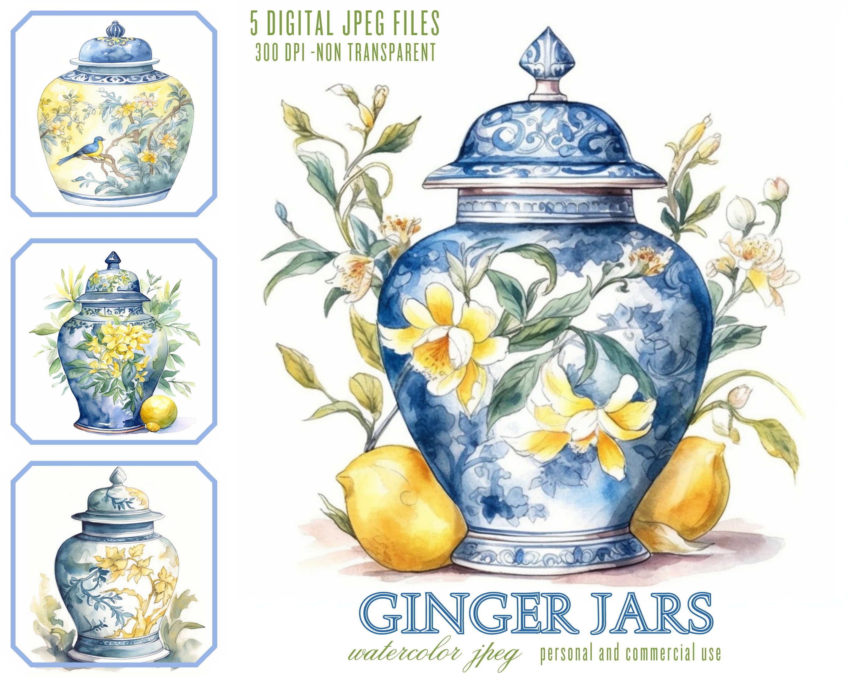 Blue Ginger Jars With Lemons Digital Art Illustration Bundle Etsy