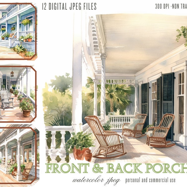 Front and Back Porches Digital art pack Illustration Bundle, Southern Porch JPG Files for Commercial Use, Junk Journals, Sublimation POD