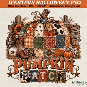 Könnte beinhalten: Eine digitale Grafik mit einem großen Patchwork-Kürbis mit verschiedenen Mustern wie Sternen, Kuhflecken, Karos und Leopardenmuster. Es enthält einen Cowboystiefel, Sonnenblumen, einen Holzzaun mit dem Text GOOD TIMES FALL VIBES und PUMPKIN PATCH.