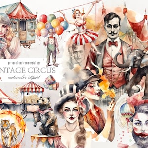 Vintage Circus Clipart PNG paquete Carnival Fortune Teller Ilustración digital, elefantes de diario basura, tigres, leones, osos, payasos