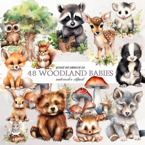 Boho Woodland Animals Watercolor Clipart Bundle, watercolor animals clipart, Fox Bear Deer Skunk Opossum Raccoon Squirrel nursery decoration