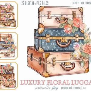 Floral Vintage vakantie bagage clipart JPG, aquarel Retro Boho koffers digitale afbeelding afdrukbare commercieel gebruik scrapbooking