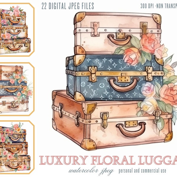 Floral Vintage vacation luggage clipart JPG, Watercolor Retro Boho suitcases digital illustration printable commercial use scrapbooking