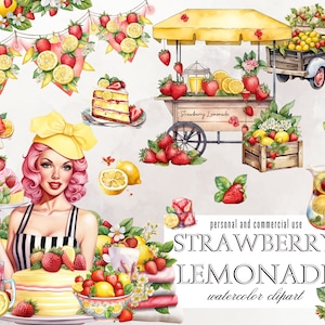 Strawberry Lemonade PNG bundle, strawberries and lemons scrapbooking, junk journal SVG paper crafts invitations , kitchen prints clipart