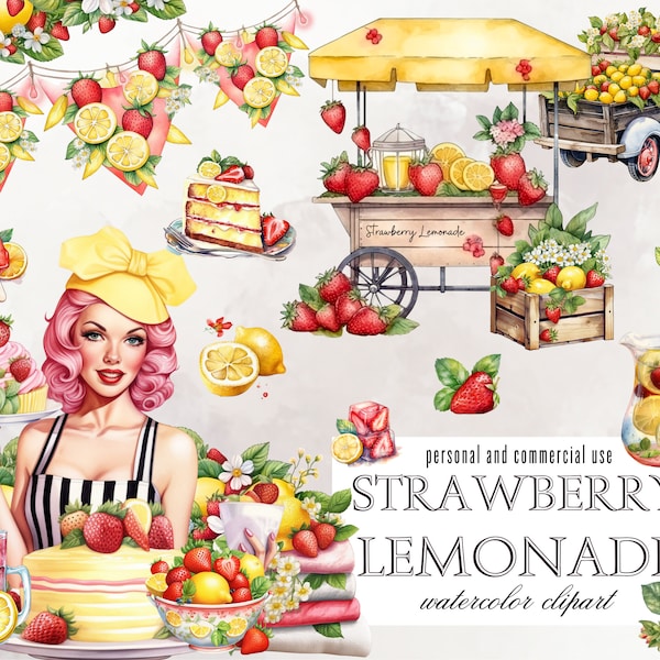 Strawberry Lemonade PNG bundle, strawberries and lemons scrapbooking, junk journal SVG paper crafts invitations , kitchen prints clipart