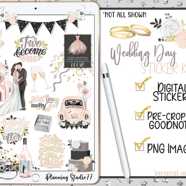 WEDDING Digital Stickers, Bridal Pre-cropped Digital Planner Stickers, GoodNotes Stickers, Wedding Day Stickers