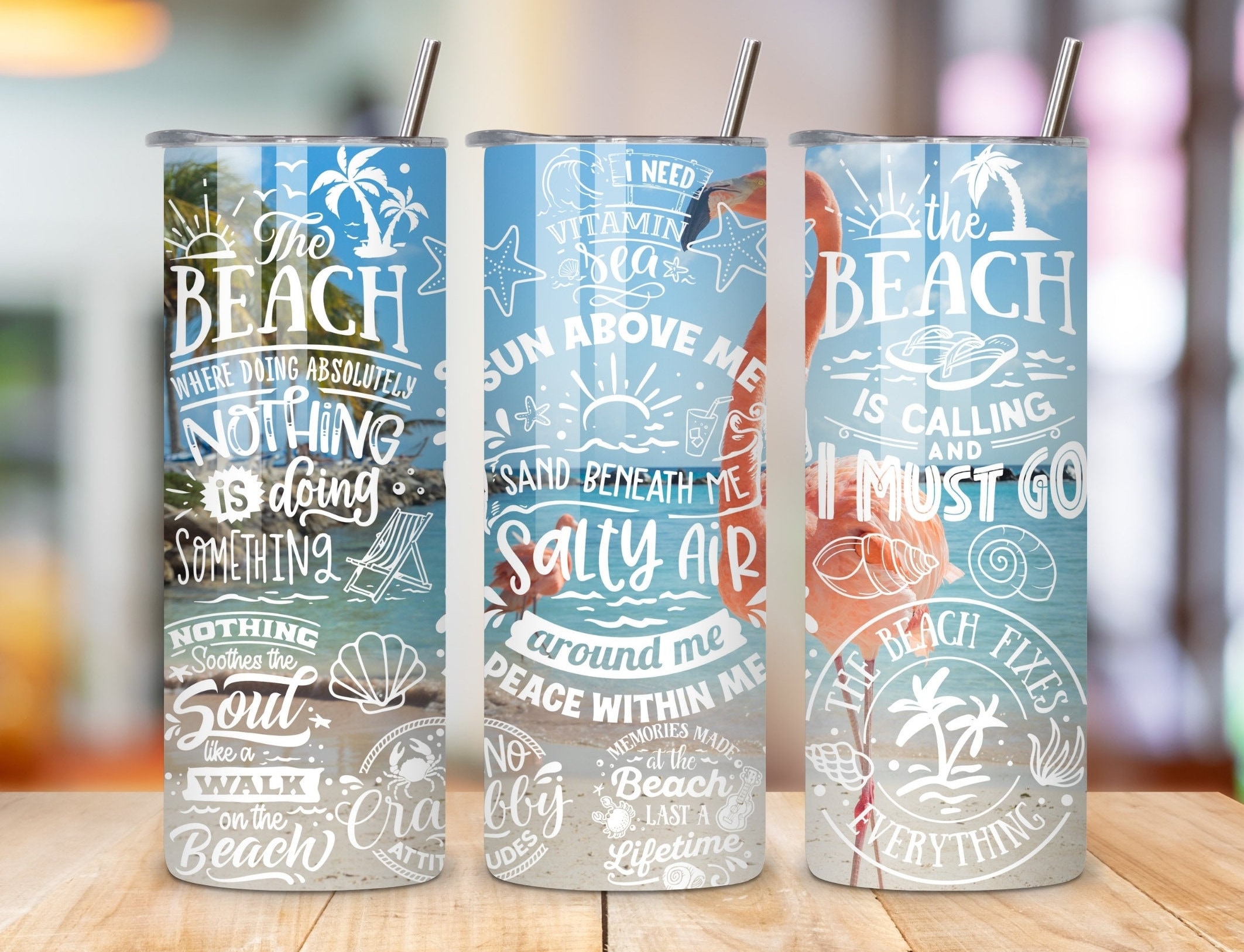 Beach tumbler wrap png, 20oz Skinny Tumbler Wrap Sublimation Design, Summer Beach Quotes Flamingo digital PNG Straight wrap Tumbler Download