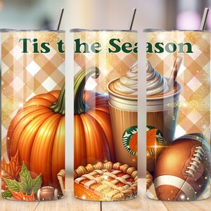 Tis The Season Pumpkin & Football Design, Fall 20 oz Skinny Straight Tumbler Sublimation Design, Fall Tumbler Wrap, PNG Digital Download