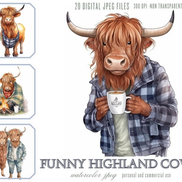 Funny Highland Cow Clipart Watercolor Cows Digital Illustration Bundle, JPG Files for Commercial Use Junk Journals POD printable