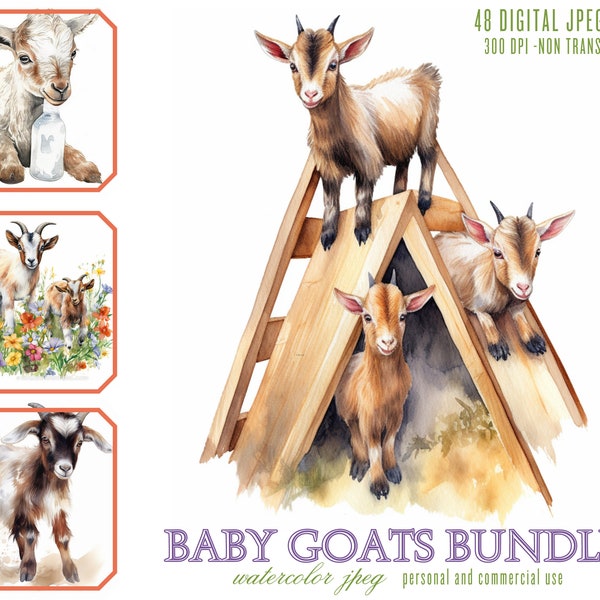 Baby Nigerian Dwarf Goats Digital Illustration Bundle, JPG Files for Commercial Use, Junk Journals, Sublimation watercolor Baby Goat Clipart