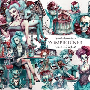 Aquarell Zombies Clipart Bundle, kommerzielle Nutzung PNG, Zombie Grab Schädel gruselige Puppen Teddybär, Scrapbook Papierhandwerk, Scrapbooking