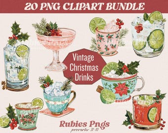 Vintage Christmas Drinks Clipart Bundle | Holiday Cocktail PNG Set (20 Designs, Instant Download)