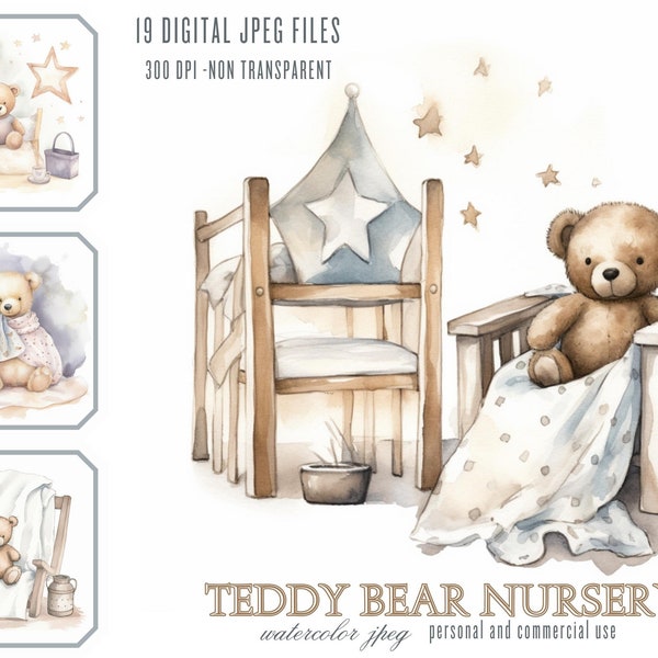 Watercolor Teddy Bear Nursery Clipart High Quality JPGs,  Digital illustration Baby Shower Paper crafts, Cute celestial bedtime Teddy bear