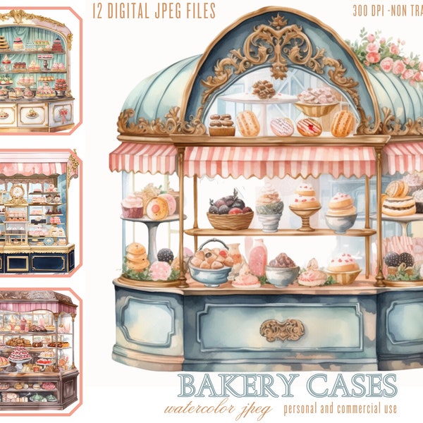 Watercolor Sweets Bakery Case Clipart, Paris cafe Cake shop Illustration Bundle, JPGs Commercial Use, Junk Journals, Sublimation POD