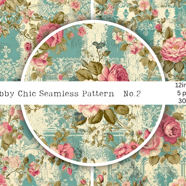 Shabby Chic Digital Paper, Seamless Pattern PNG, Pink & green floral paper for scrapbooking junk journal print projects, POD ephemera papers