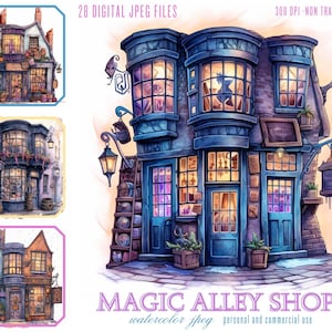 Magic Shops wizard alley Watercolor Clipart, Magic school clipart Illustration Bundle JPG Files Art mystique et clipart fantastique