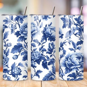 Blue floral Toile Tumbler Wrap, Grandmilinial 20 oz Skinny Straight Tumbler Designs Sublimation PNG Navy Blue Flower aesthetic