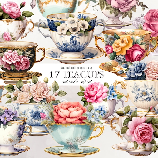 Vintage Teacup Flowers Clipart, Watercolour Antique Tea Time PNG Digital Images for Card Making, Scrapbook, Junk Journal, Paper Crafts