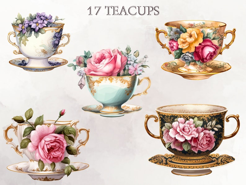 Vintage Teacup Flowers Clipart Watercolour Antique Tea Time Etsy